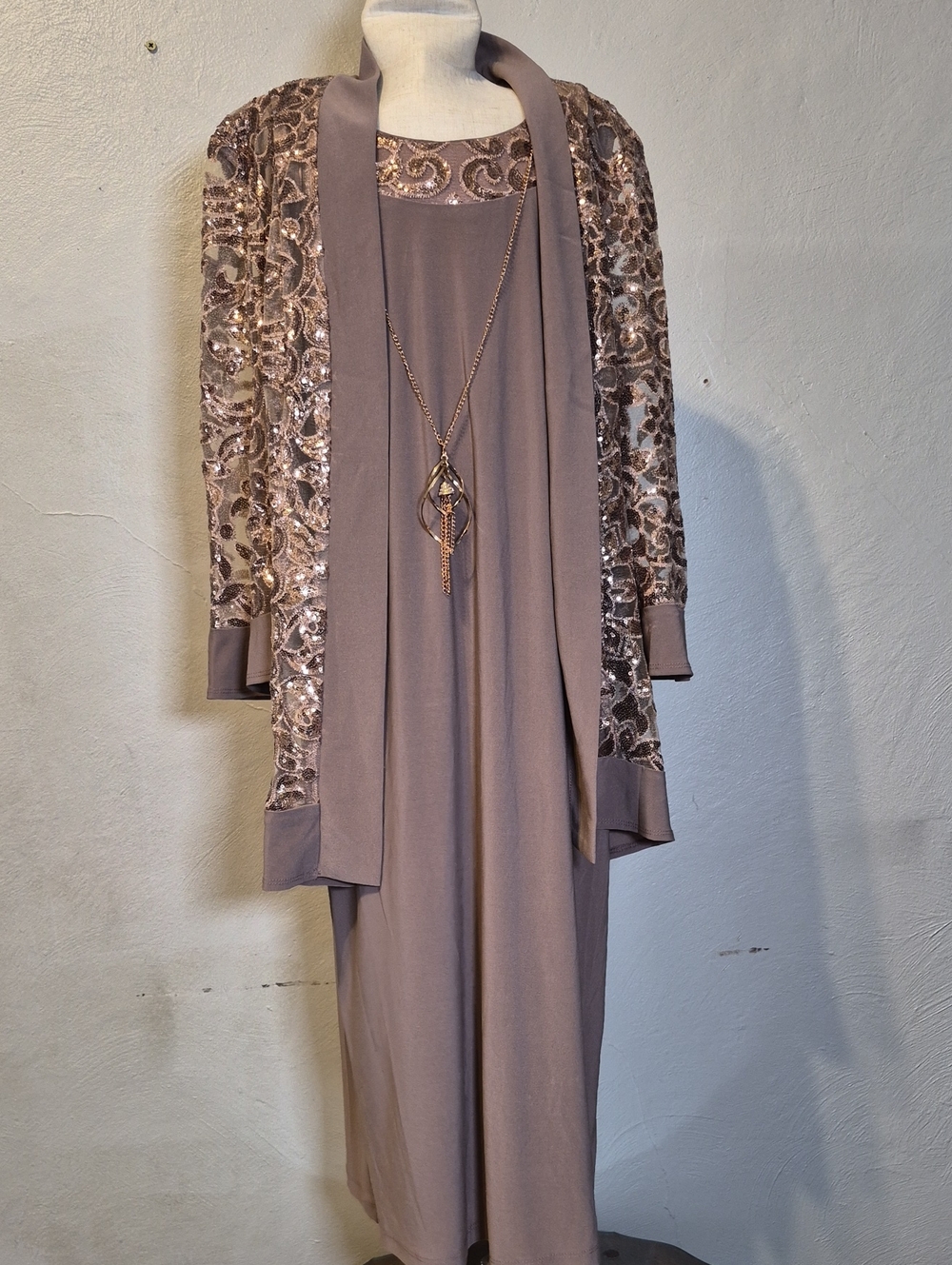 R&M Richards Taupe Sequin-Embellished Evening Dress with Jacket